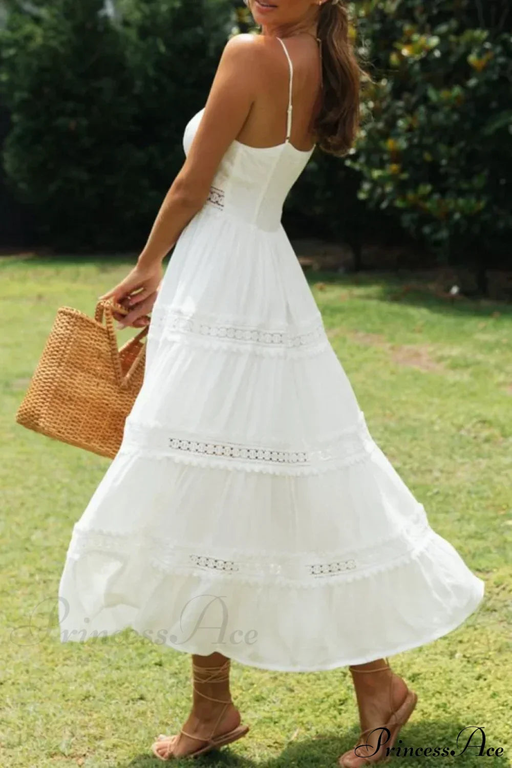 White Hollow Out Strapless Split Sleeveless Maxi Boho Dress