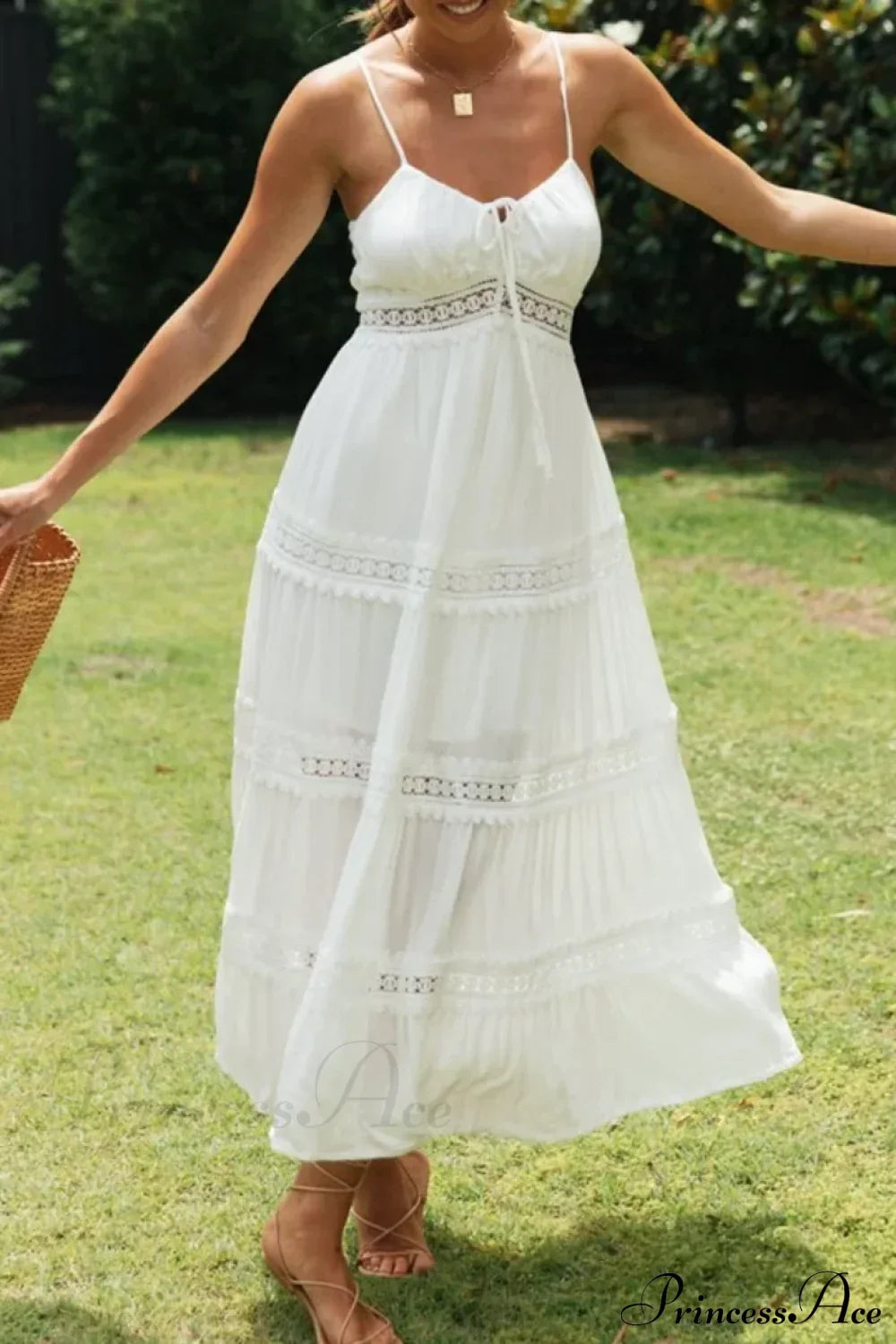 White Hollow Out Strapless Split Sleeveless Maxi Boho Dress