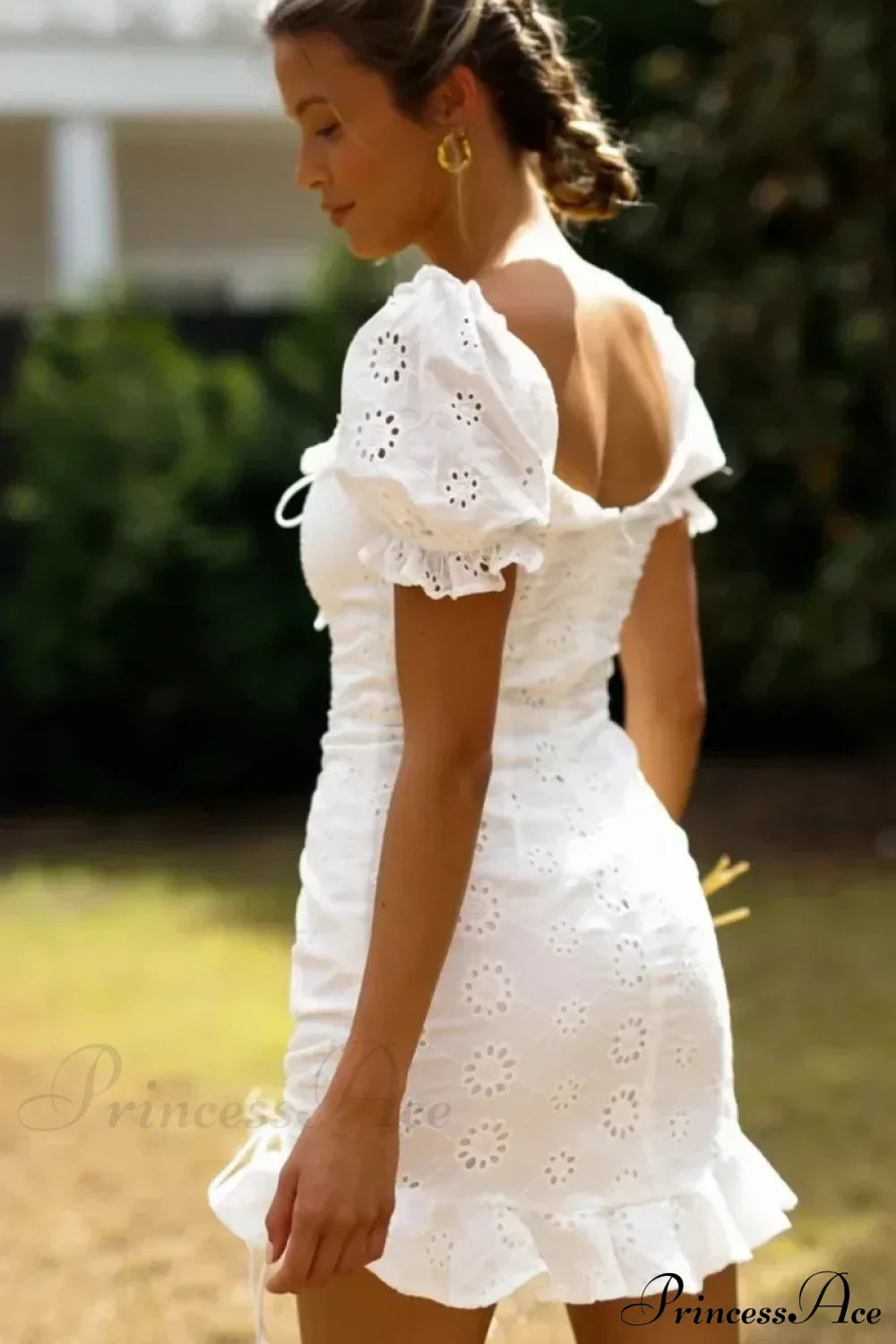 White Lace Cotton Short Sleeve Bodycon Mini Boho Dress