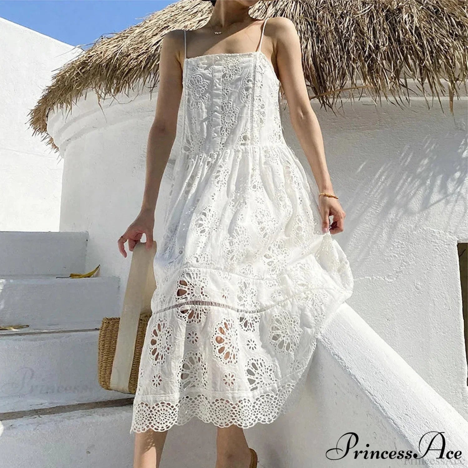 White Lace Dress Cotton Floral Embroidery Strap Sleeveless Women Summer Dress