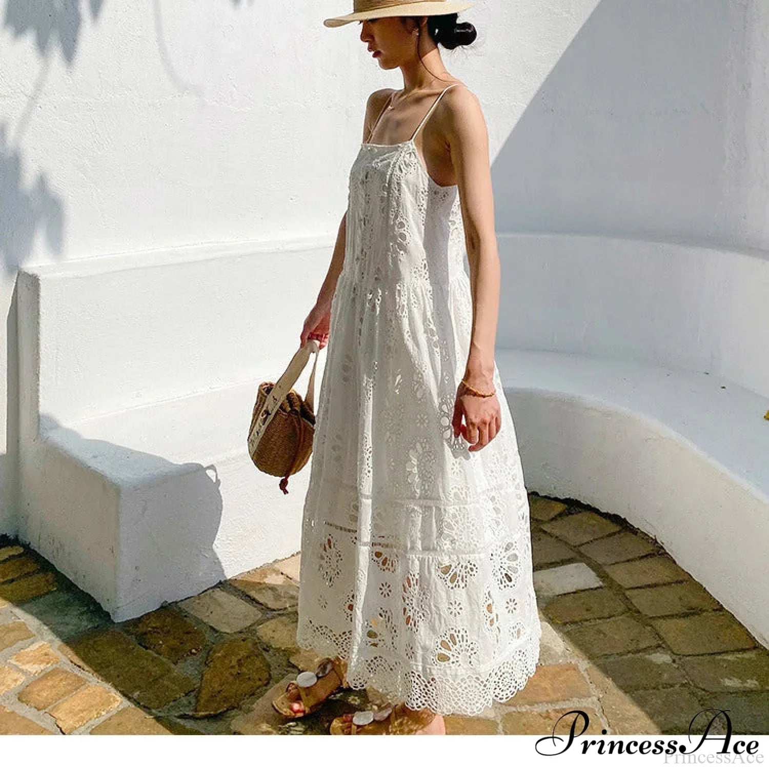 White Lace Dress Cotton Floral Embroidery Strap Sleeveless Women Summer Dress