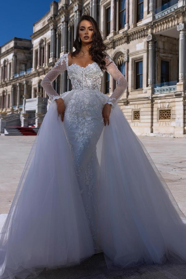 White Long Sleeves Wedding Dress Appliques Mermaid With Detachable Skirt - Fashionpara