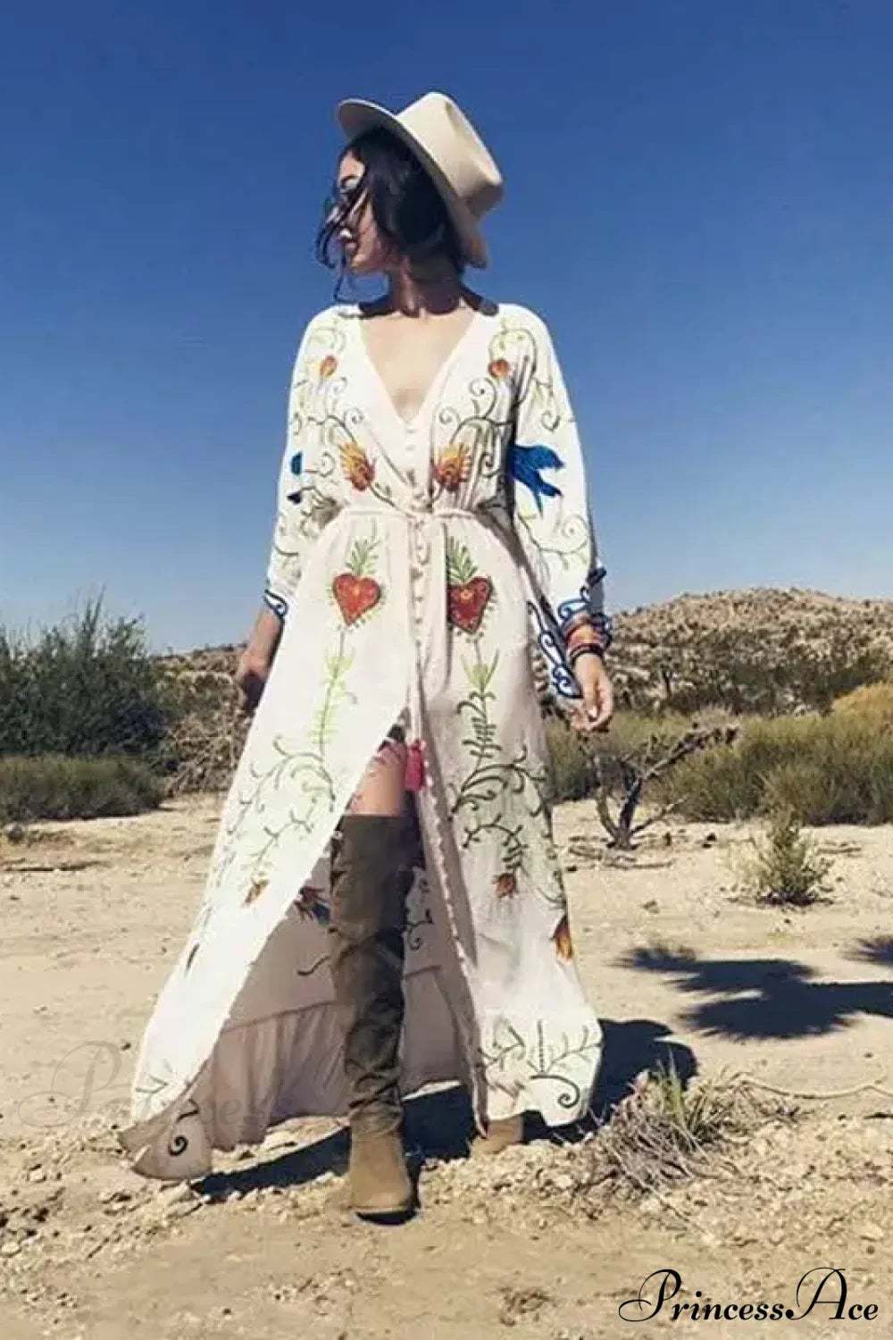 White Maxi Dress Cotton Floral Embroidery Sexy V-neck Beach Dress