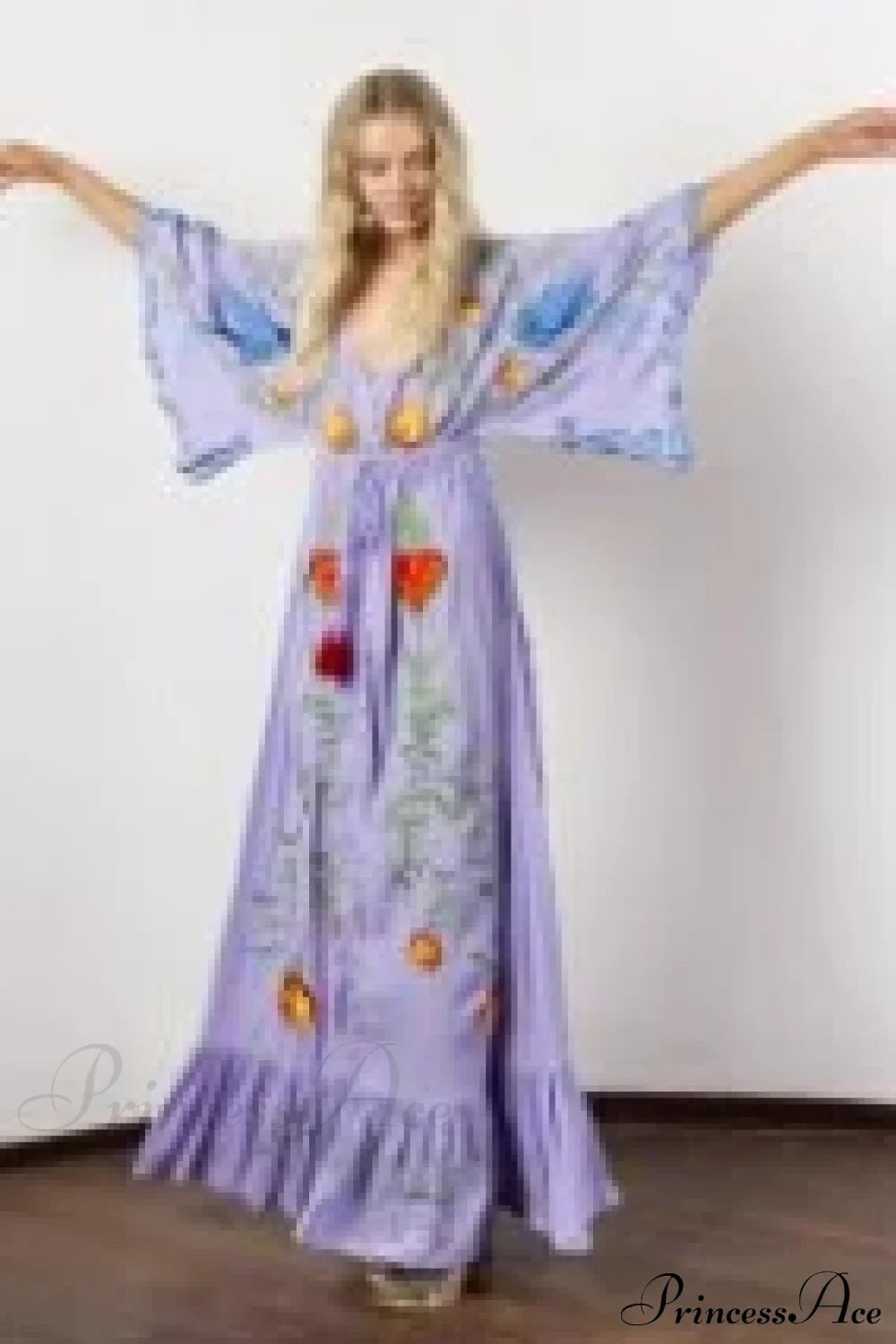 White Maxi Dress Cotton Floral Embroidery Sexy V-neck Beach Dress Lavender / S bohodress-250126