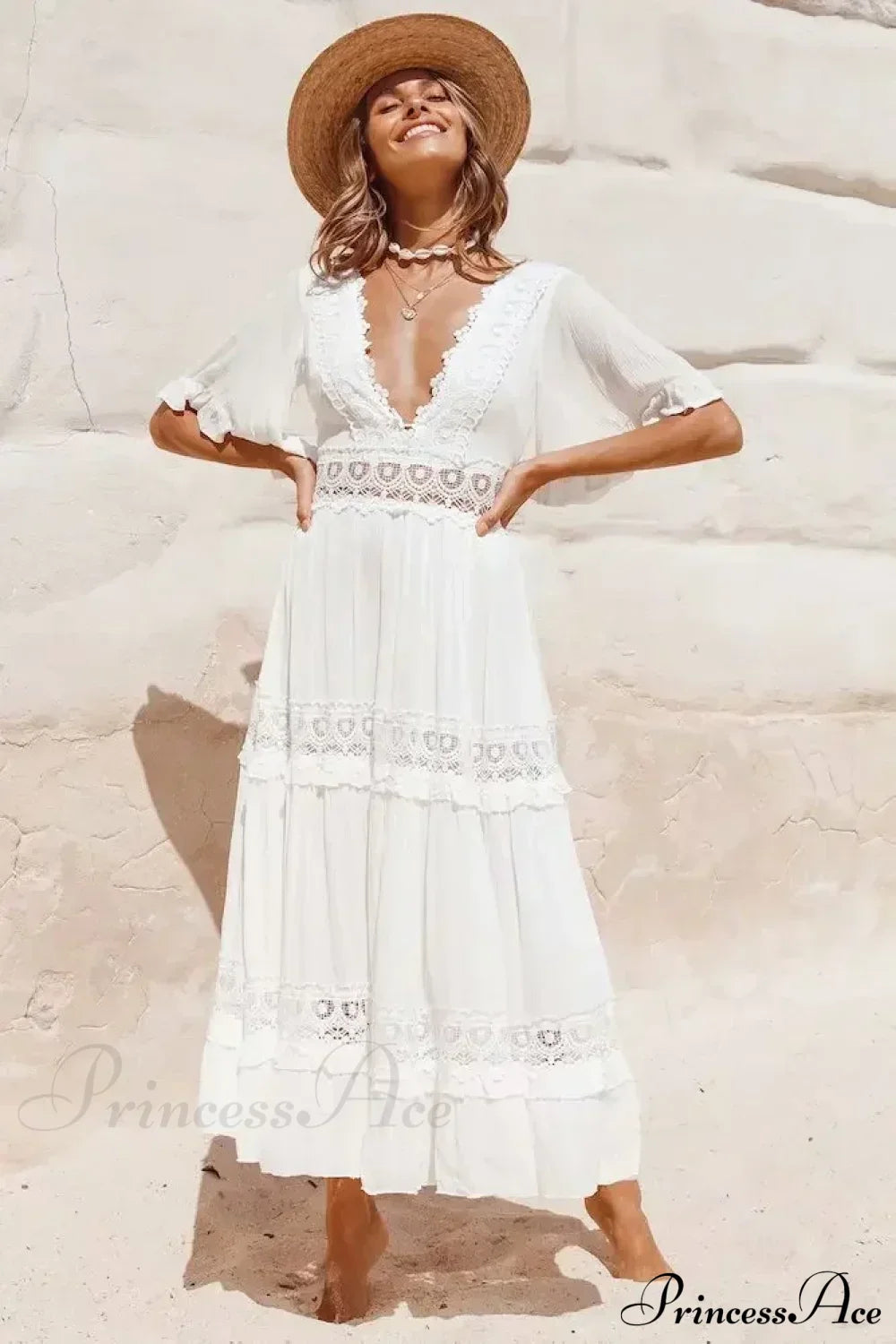 White Maxi Dress Hollow Waist Deep V-neck Dress