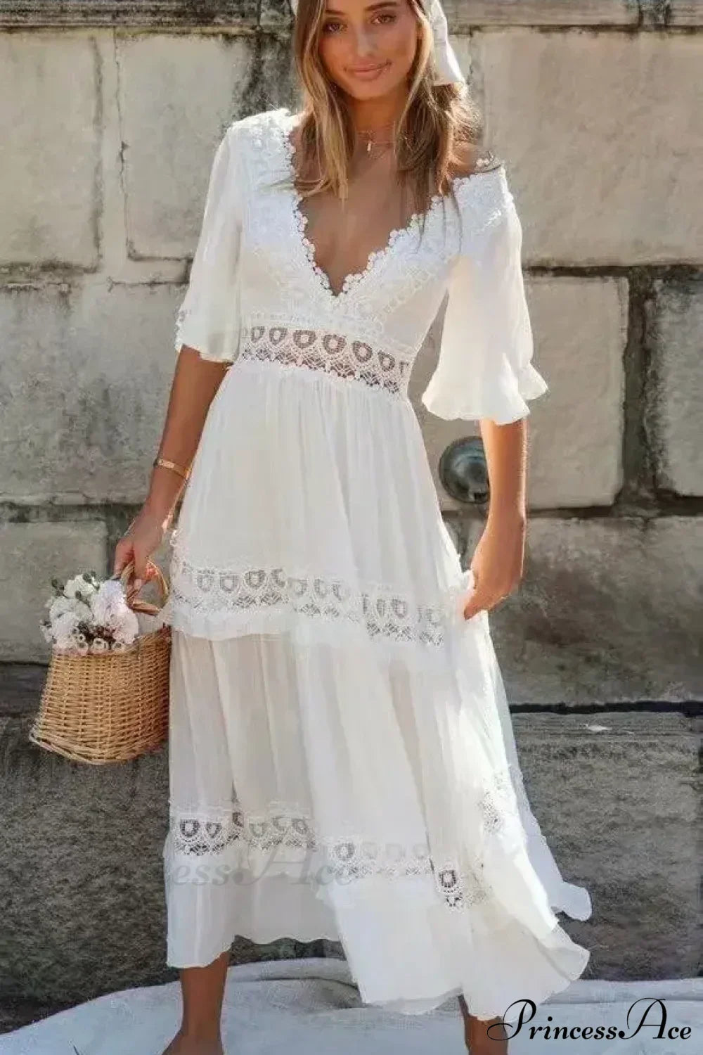 White Maxi Dress Hollow Waist Deep V-neck Dress