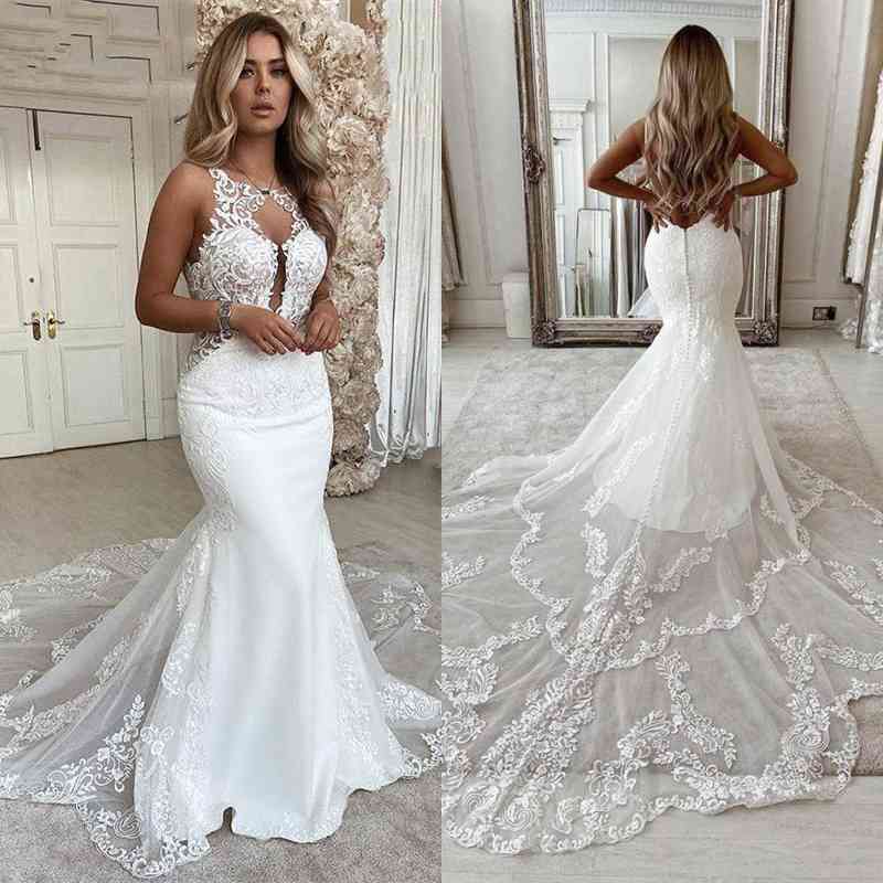 White Mermaid Wedding Dress Lace Backless - Fashionpara