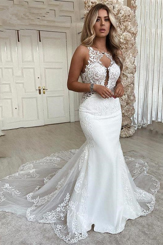 White Mermaid Wedding Dress Lace Backless - Fashionpara