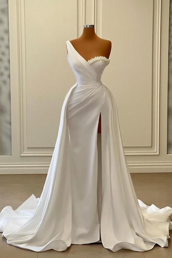 White One Shoulder Prom Dress Mermaid Long Split - Fashionpara
