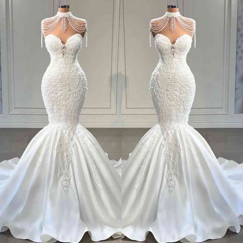 White Sweetheart Wedding Dress Mermaid Lace Long - Fashionpara