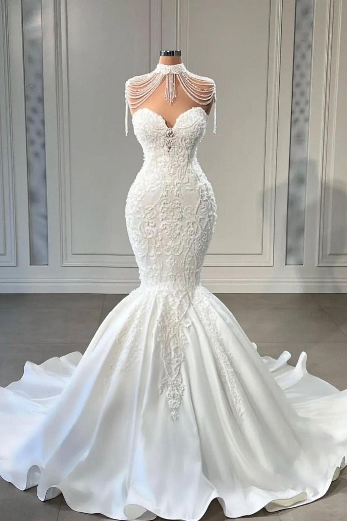White Sweetheart Wedding Dress Mermaid Lace Long - Fashionpara