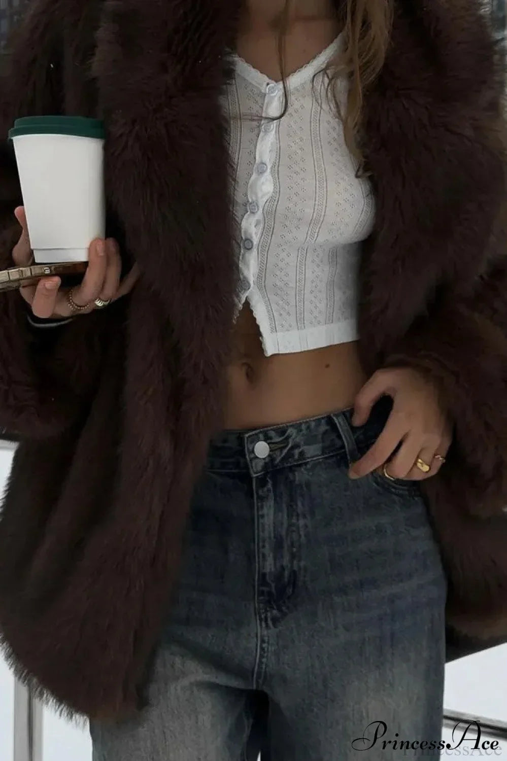 White Tip-Dyed Faux Fox Fur Mid-Length Elegant Coat