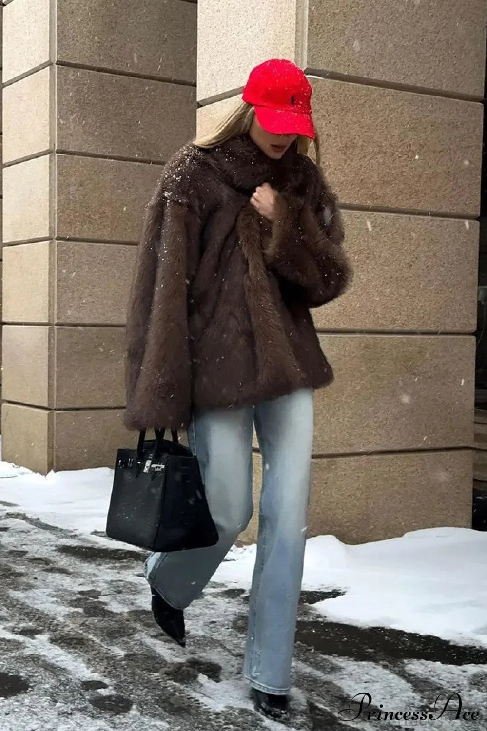 White Tip-Dyed Faux Fox Fur Mid-Length Elegant Coat