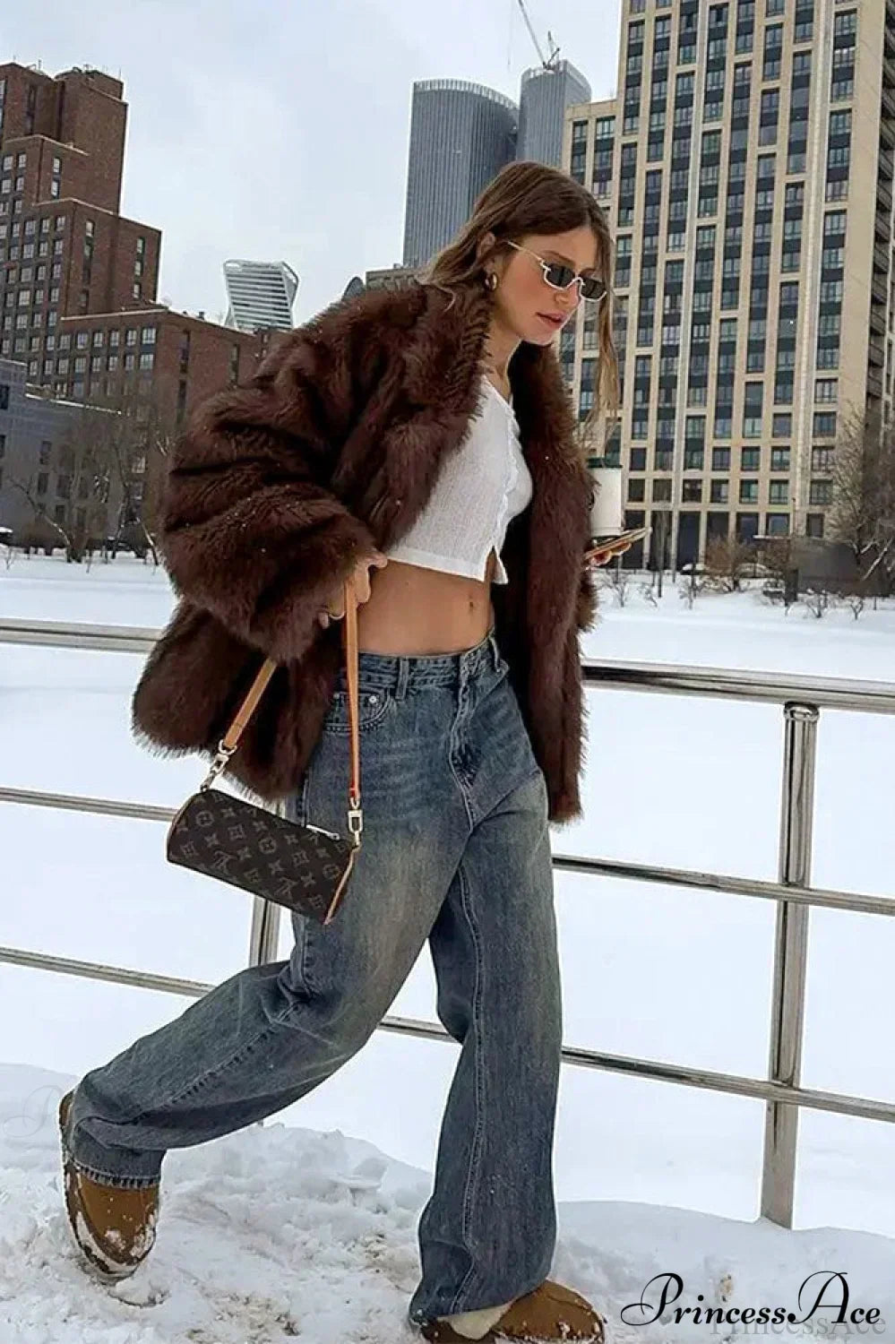 White Tip-Dyed Faux Fox Fur Mid-Length Coat