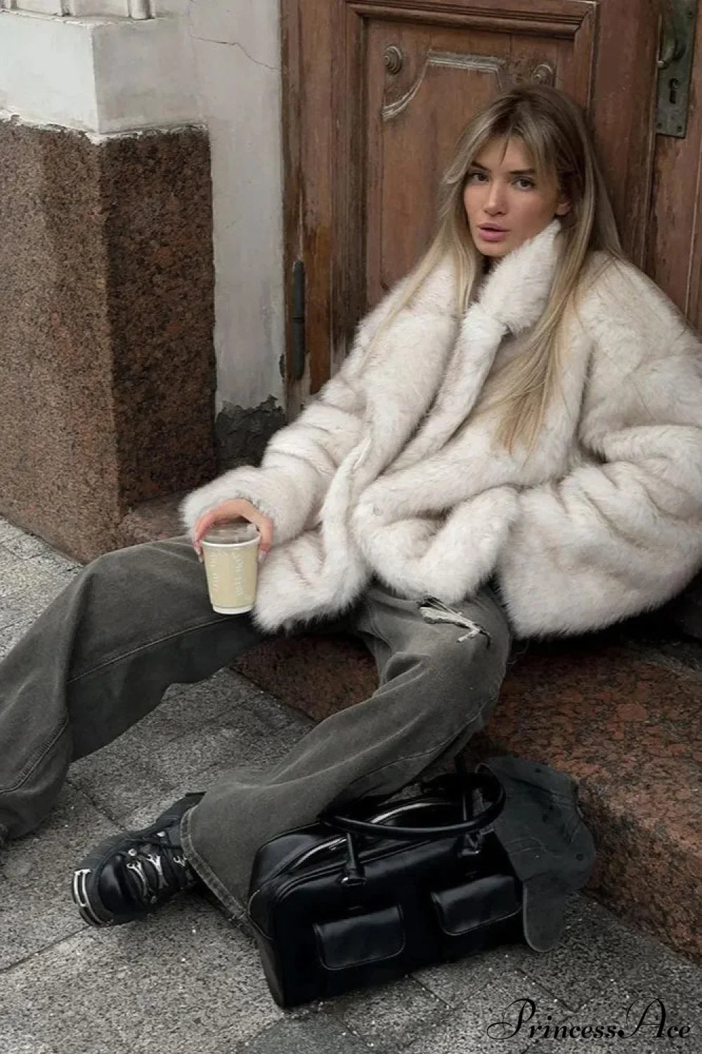 White Tip-Dyed Faux Fox Fur Mid-Length Coat White / XS