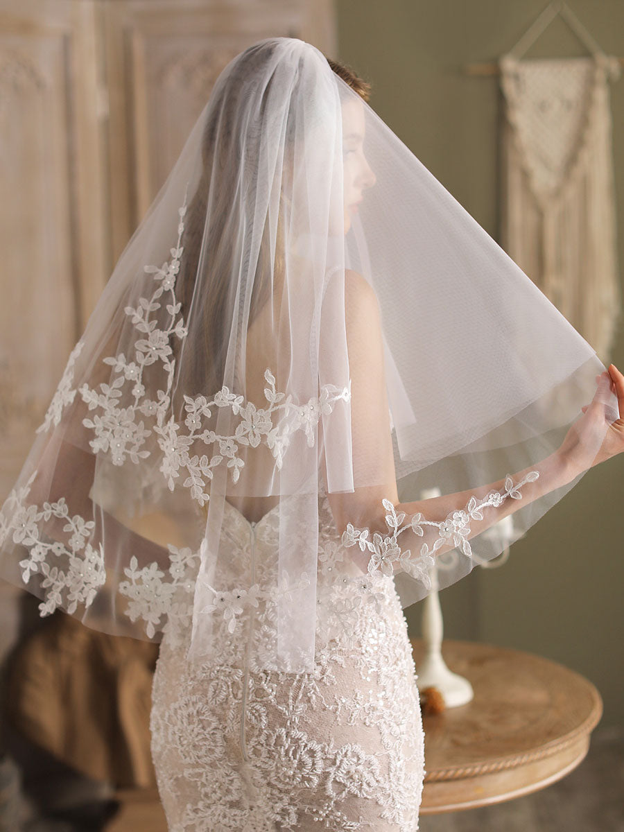 White Tulle Wedding Veils Two-Tier Lace Drop Bridal Veils