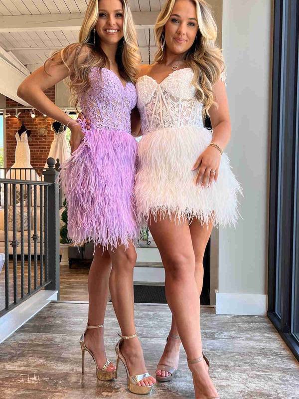 Amina Sheath Sweetheart Lace Feathered Skirt Homecoming Dress - Fashionpara
