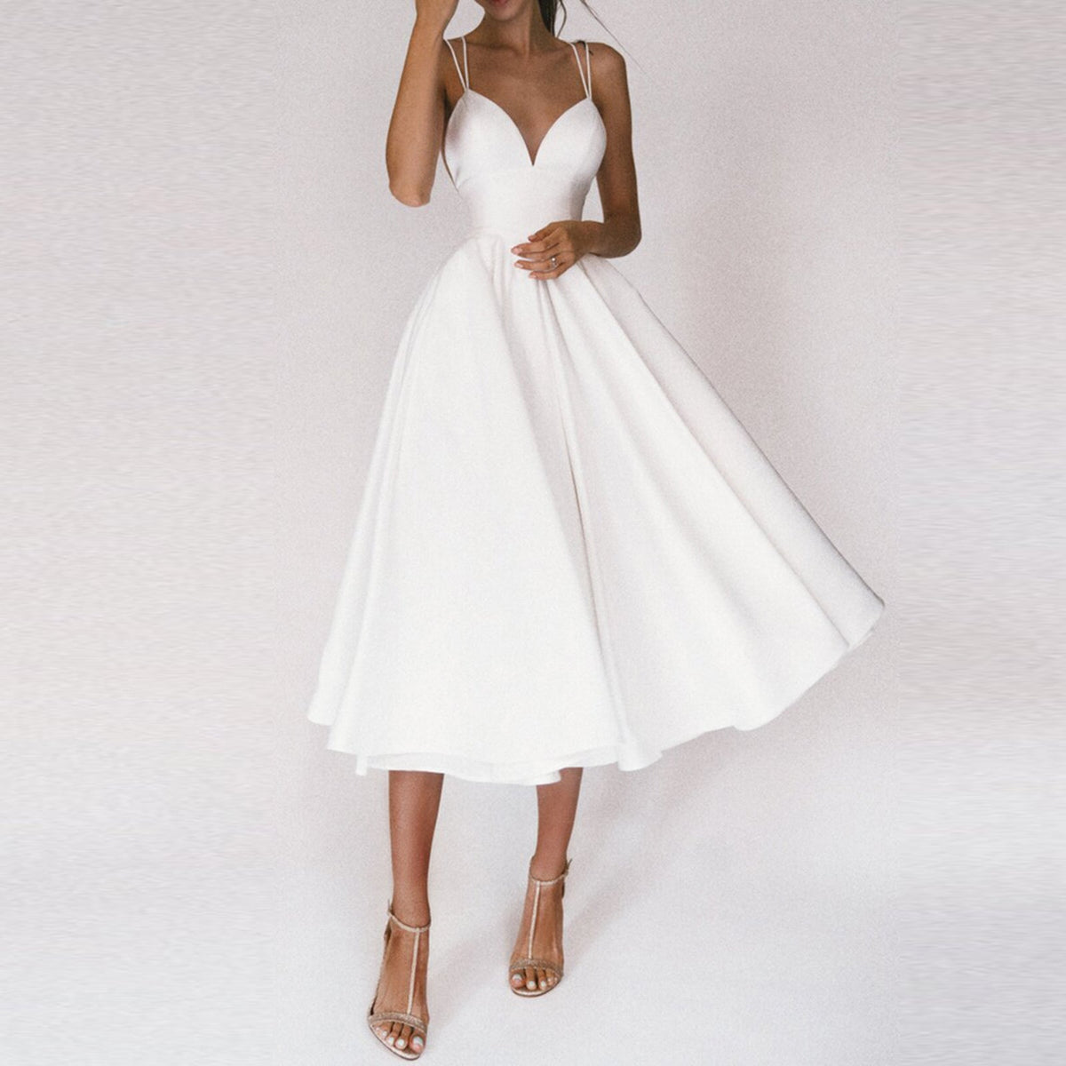 Cocktail Spaghetti Strap Cross Back Open Back A-Line Midi Dress - View 7