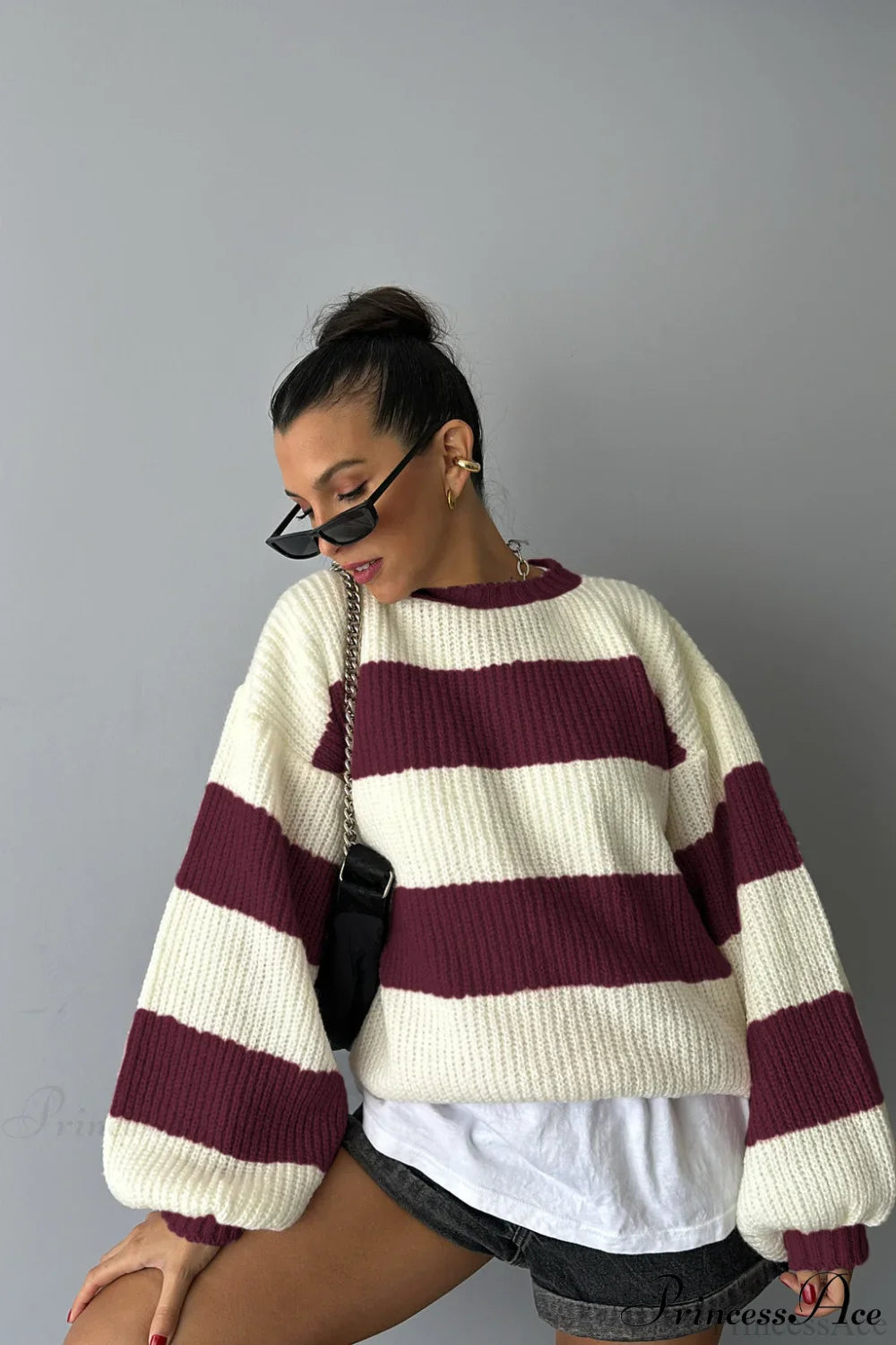 PrincessAce Colorblock Oversized Crew Neck Pullover Sweater