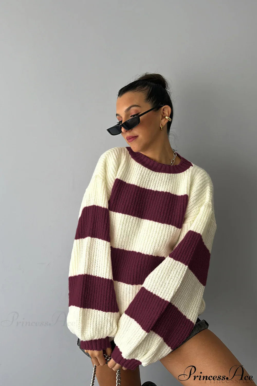 Wide Stripe Colorblock Oversized Crew Neck Pullover Sweater Red / S