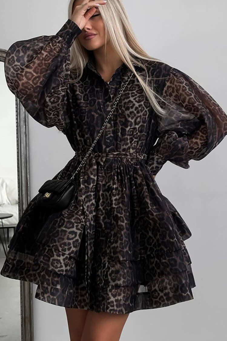Wild Leopard Collared Long Sleeve Button Up Belted Tiered Chiffon Mini Dress