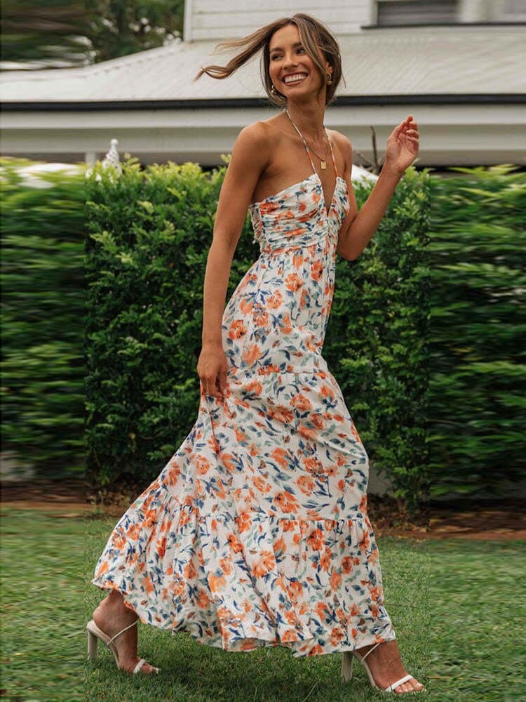 Floral Halter Neck Deep V-Neck Ruched Tiered Maxi Wedding Guest Dress