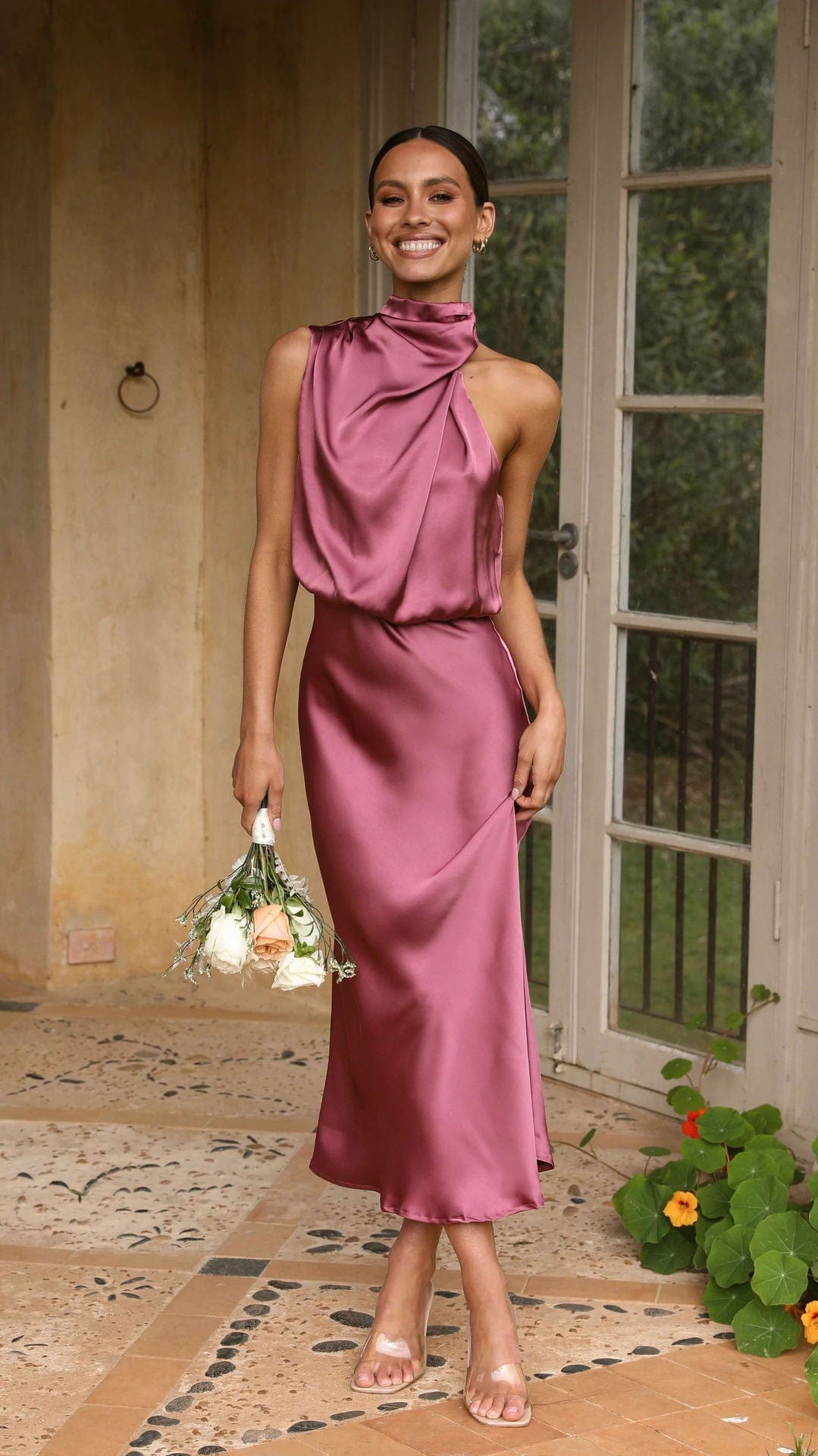 Satin Halter Neck Cowl Sleeveless Bias Cut Slip Midi Dress