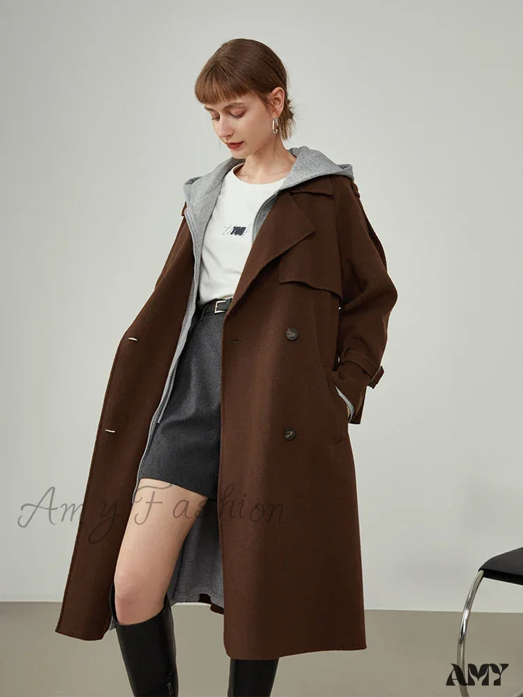 Windbreaker-Style Double Breasted Wool Mid-Length Suit Collar Orange Apricot Commuter Coat Coffee