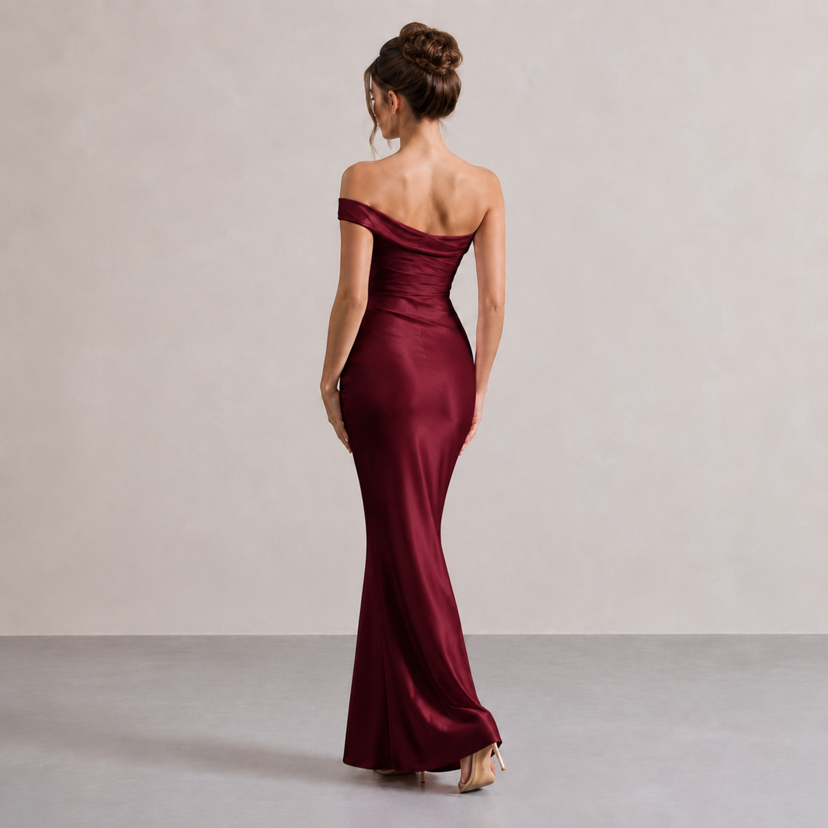 Off Shoulder Ruched Satin Fishtail Maxi Gown 3