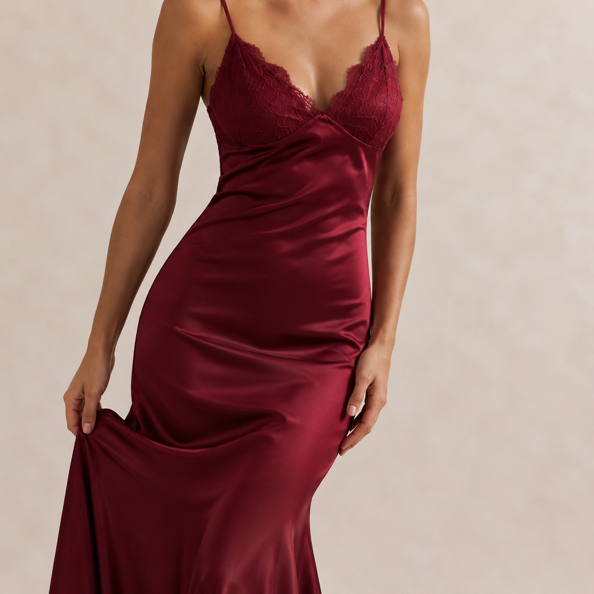Lace Trim V-Neck Strappy Satin Slip Midi Dress 10