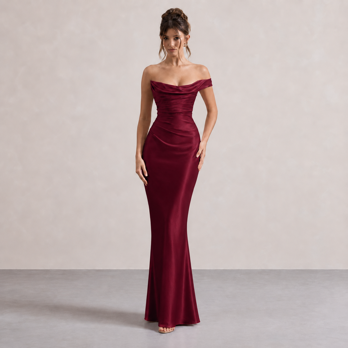 Off Shoulder Ruched Satin Fishtail Maxi Gown