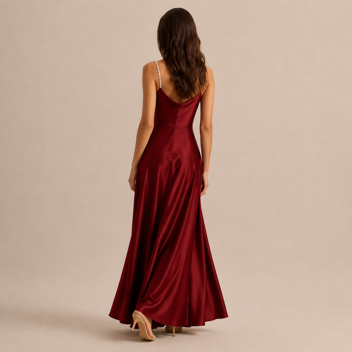 Cowl Neck Pearl Strap Satin Maxi Dress 7