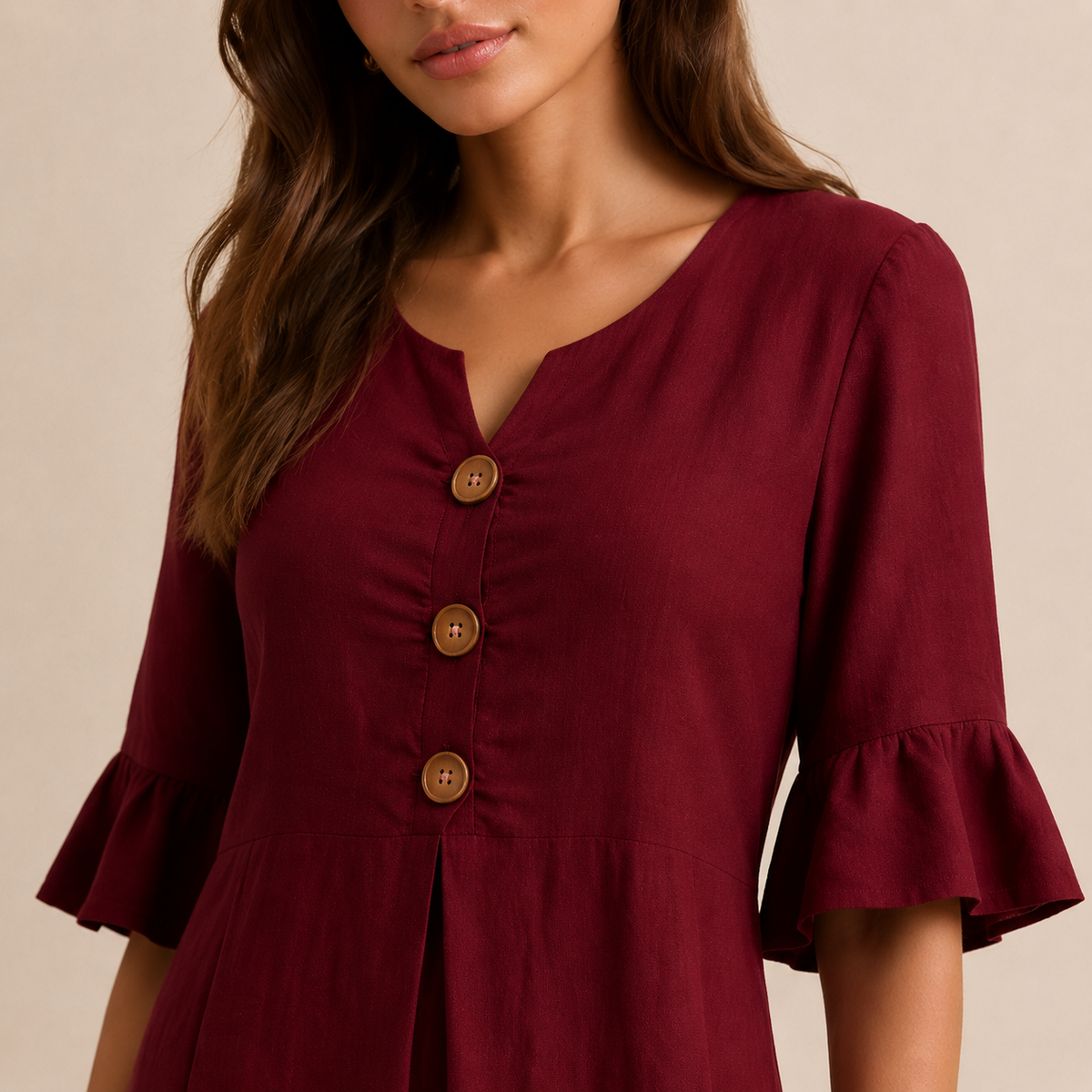 Notch Neck Wooden Button Front Pleated A-Line Midi Dress 8