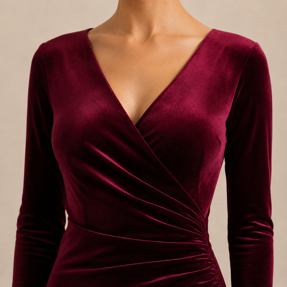 V-Neck Long Sleeve Ruched Velvet Wrap Midi Dress 14
