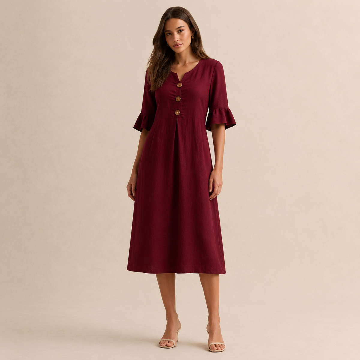 Notch Neck Wooden Button Front Pleated A-Line Midi Dress 7
