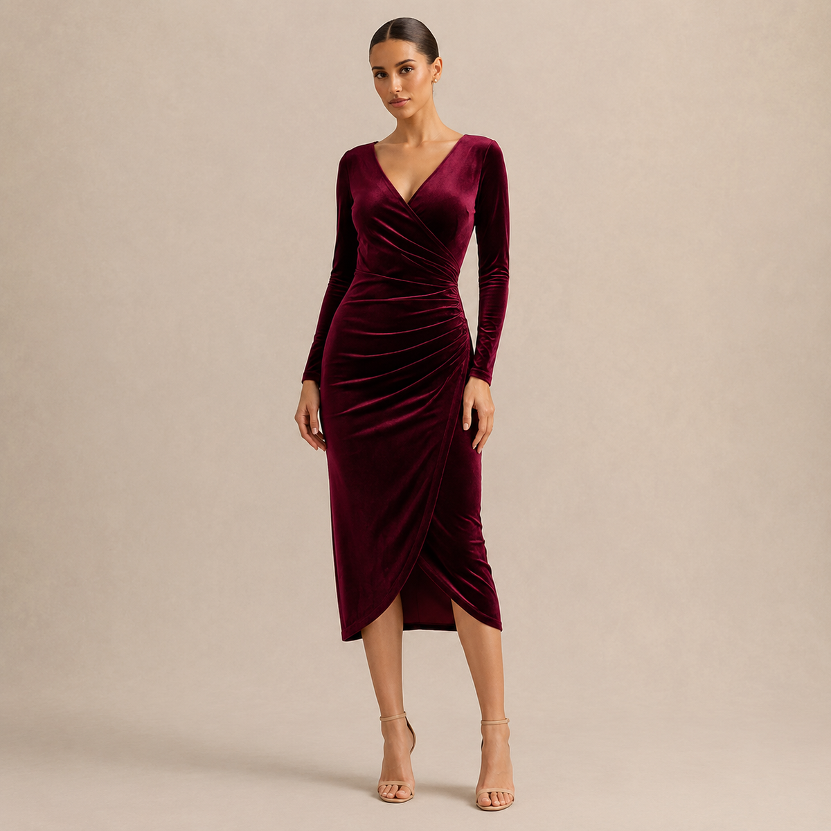 V-Neck Long Sleeve Ruched Velvet Wrap Midi Dress 13