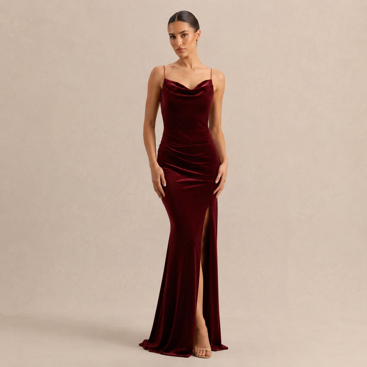 Velvet Cowl Neck Strappy High Split Fishtail Maxi Dress 4