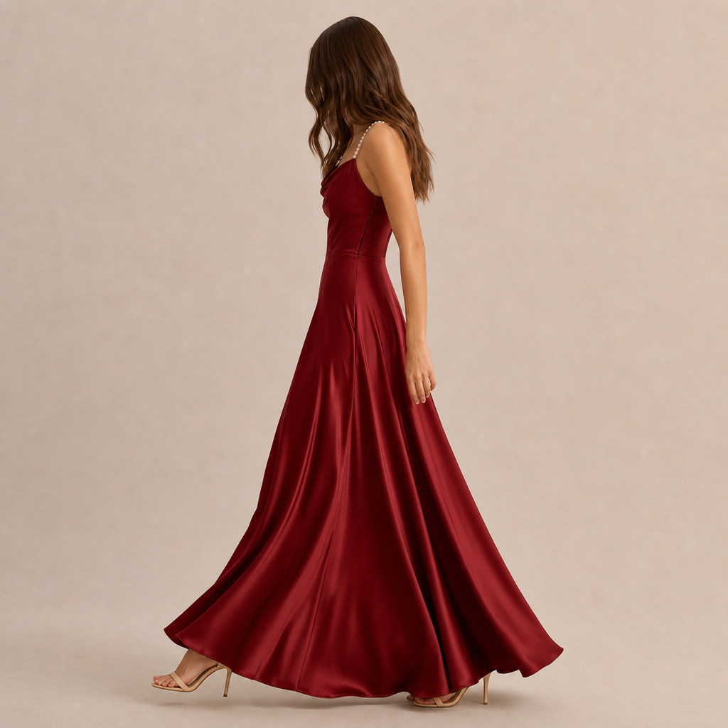 Cowl Neck Pearl Strap Satin Maxi Dress 8