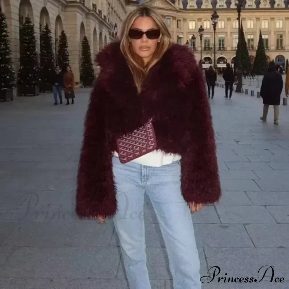 Wine Red Cropped Faux Fur Coat