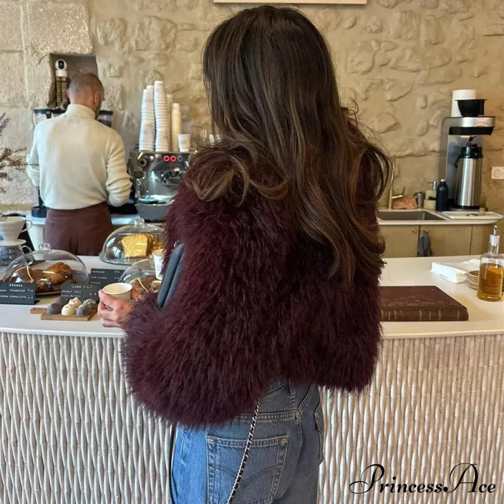 Wine Red Cropped Faux Fur Coat