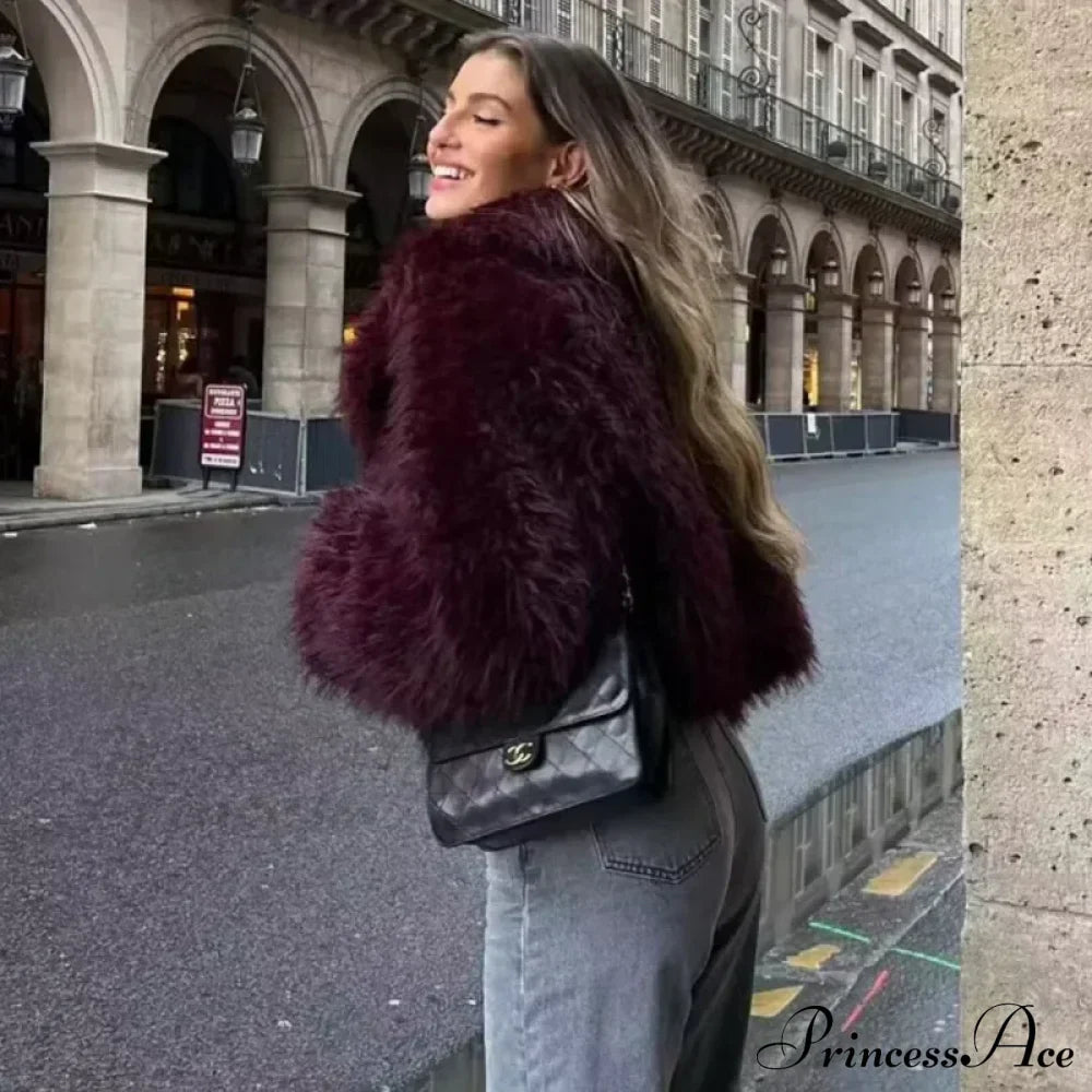 Wine Red Cropped Faux Fur Coat