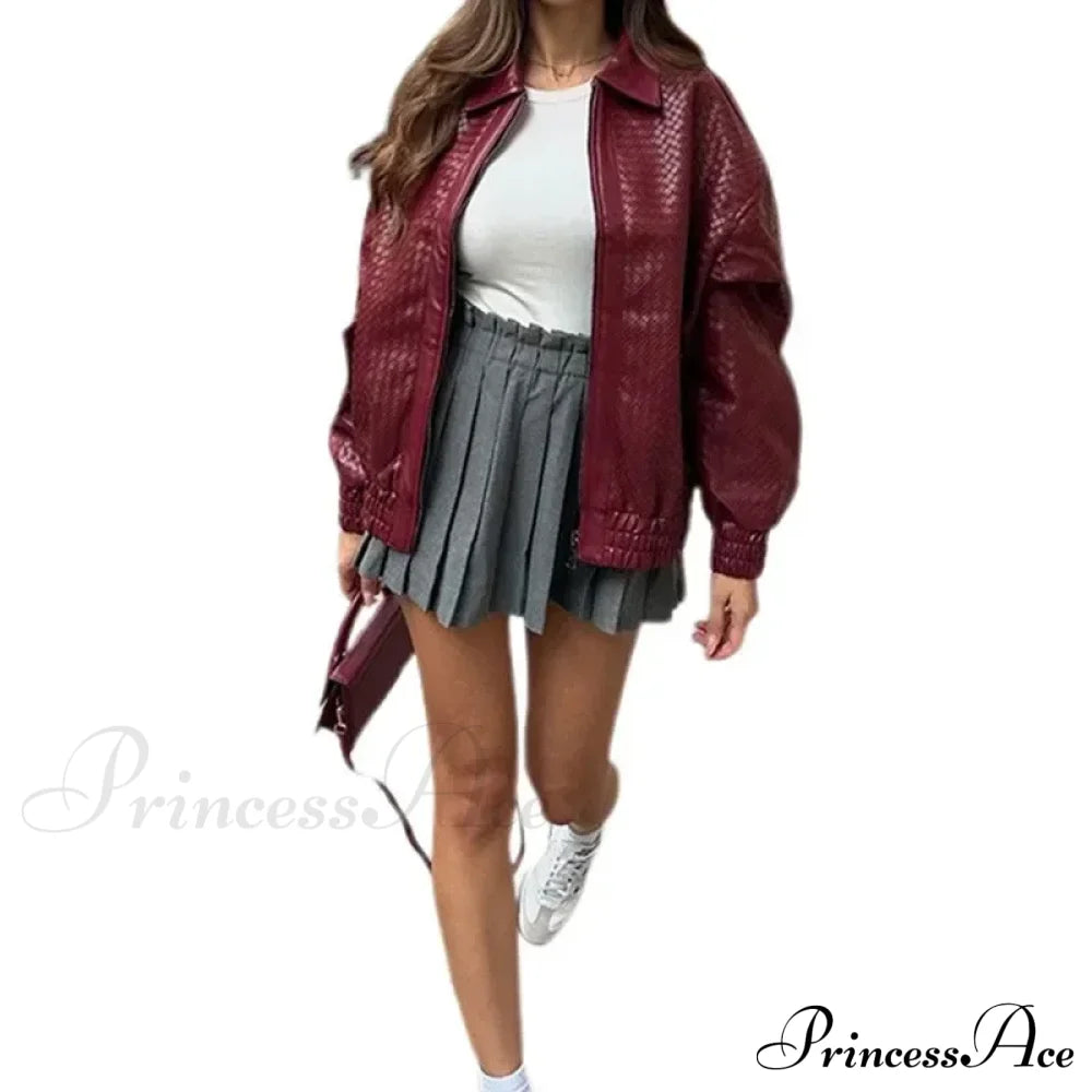 Wine Red PU Leather Zipper Coat