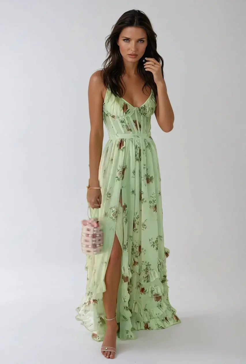 Floral Bustier Spaghetti Strap High Split Ruffle Hem Maxi Dress 9
