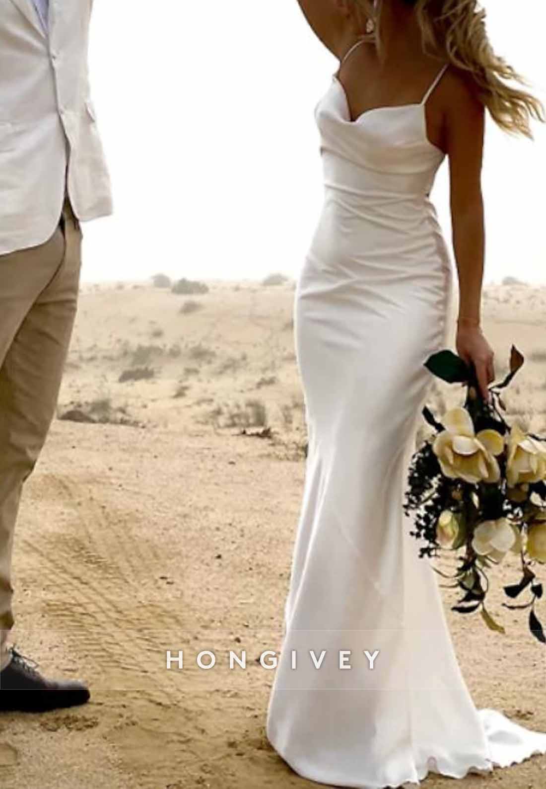 Spaghetti Straps Sheath Sweep Train Cowl Neck Pleated Beach Wedding Dresses