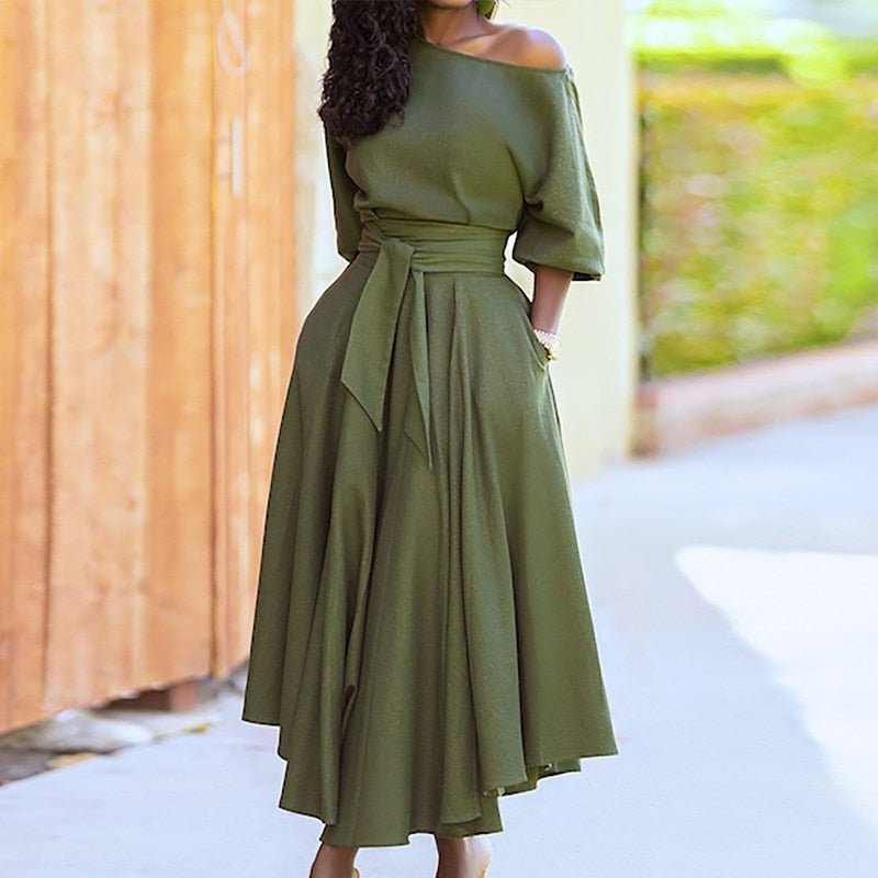 Asymmetric Off Shoulder Puff Sleeve Tie Waist Pocket A-Line Midi Dress - View 4