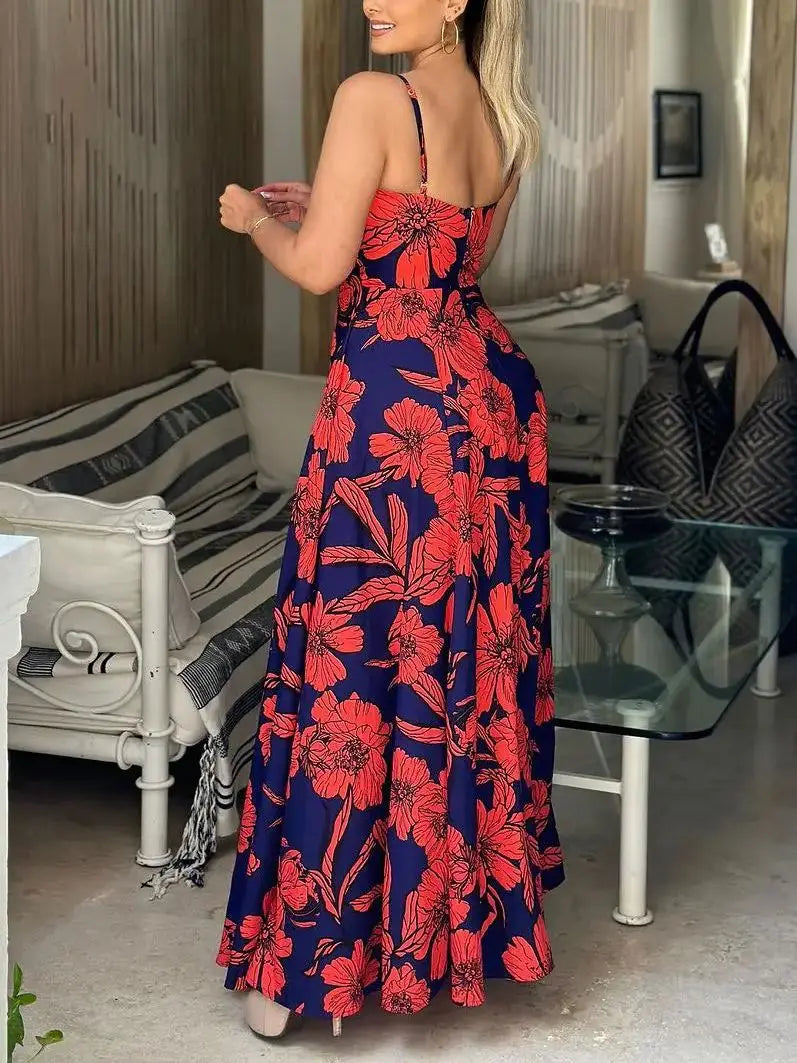 Floral Print Sweetheart Waist Cutout Maxi Dress