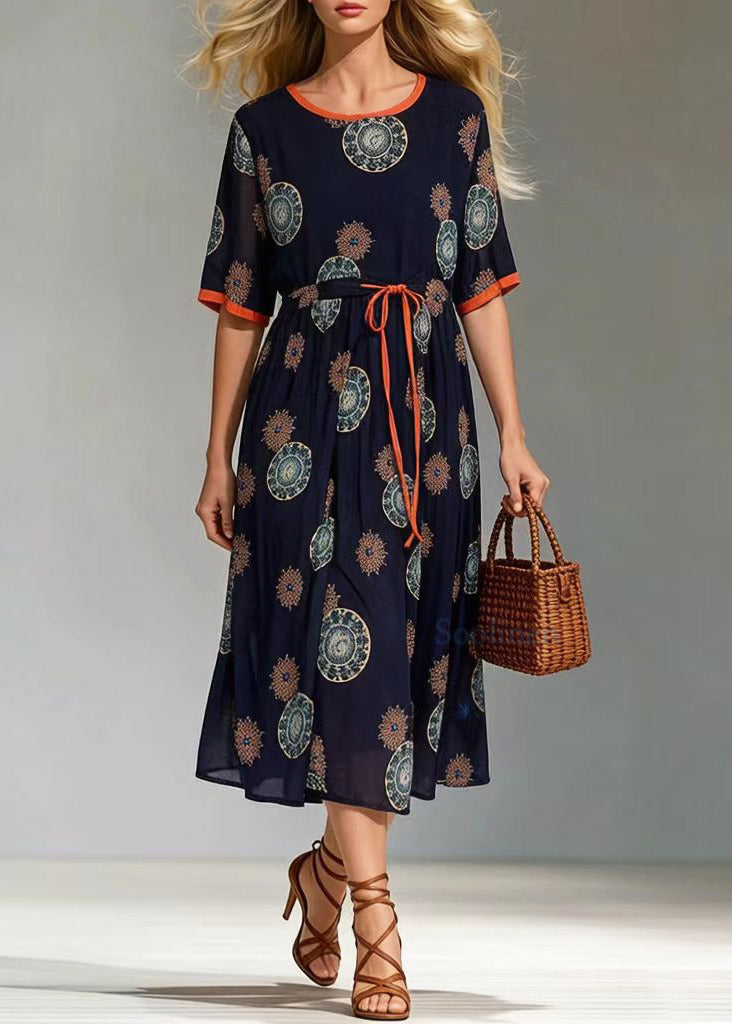 Round Neck Short Sleeve Tie Waist Mandala Print Chiffon Midi Dress