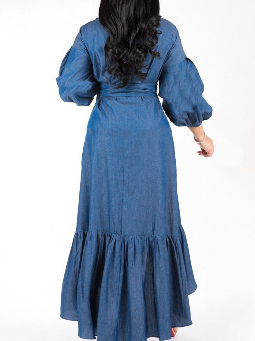 Chambray Wrap V-Neck Puff Sleeve Ruffle Maxi Dress
