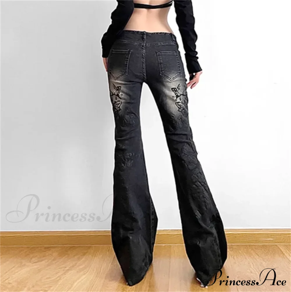 Women Gothic Y2K Flare Jeans 90s Aesthetic Low Waist Pants