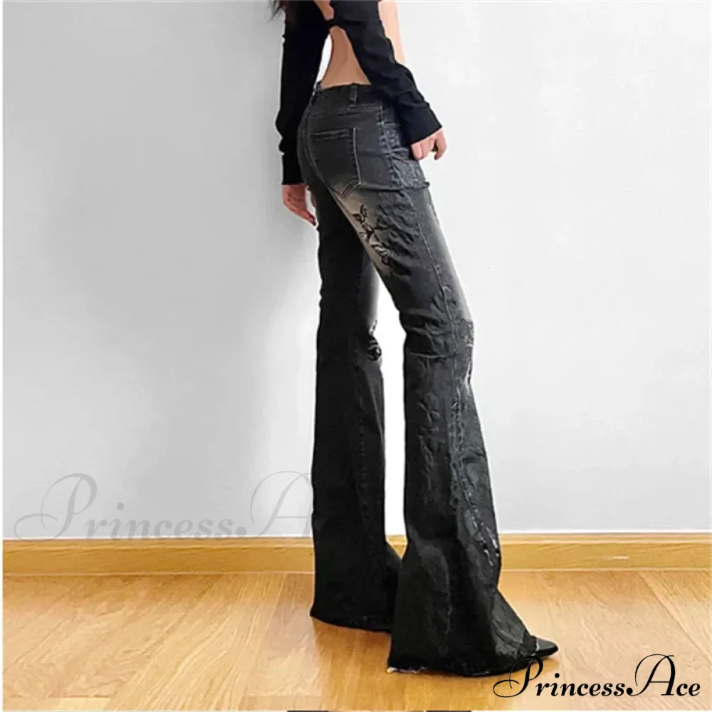 Women Gothic Y2K Flare Jeans 90s Aesthetic Low Waist Pants